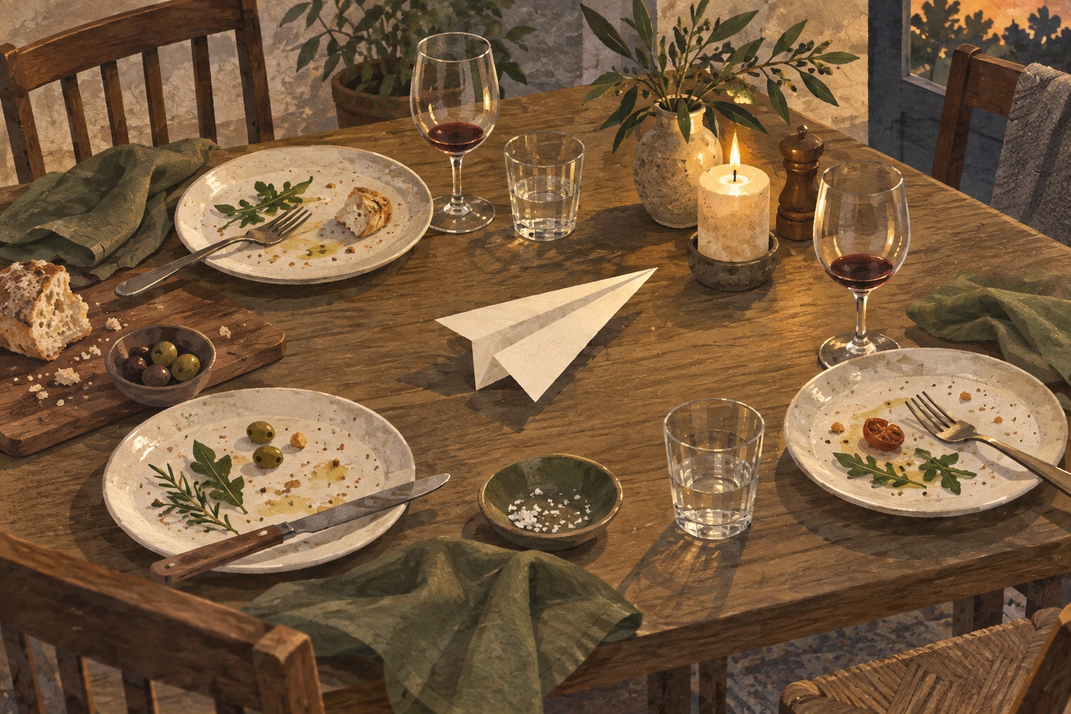 A folded paper plane among the place settings after dinner with friends