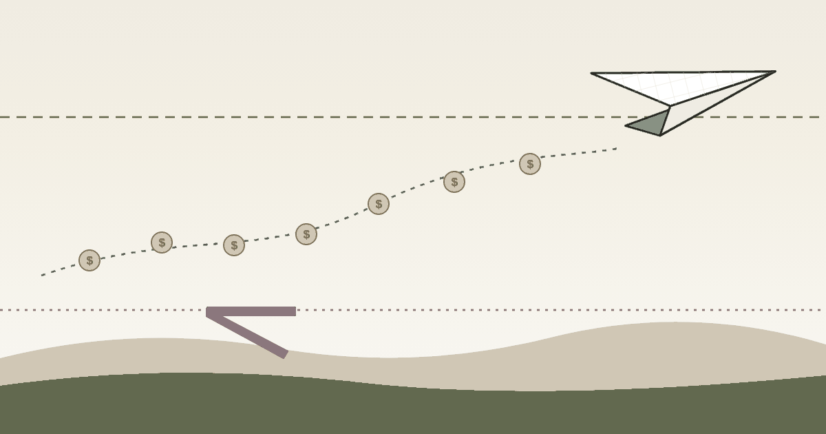 A paper plane climbing past a row of coupon payments, with a barrier below representing the knock-in level