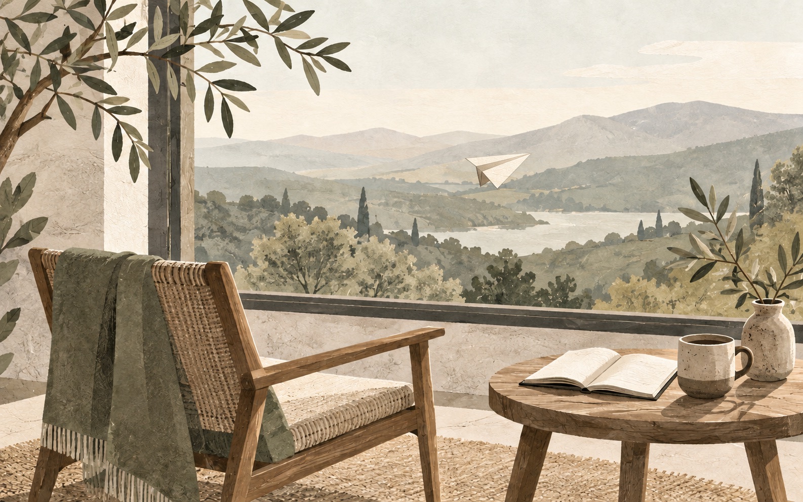 A paper plane drifting past a quiet reading spot overlooking distant hills