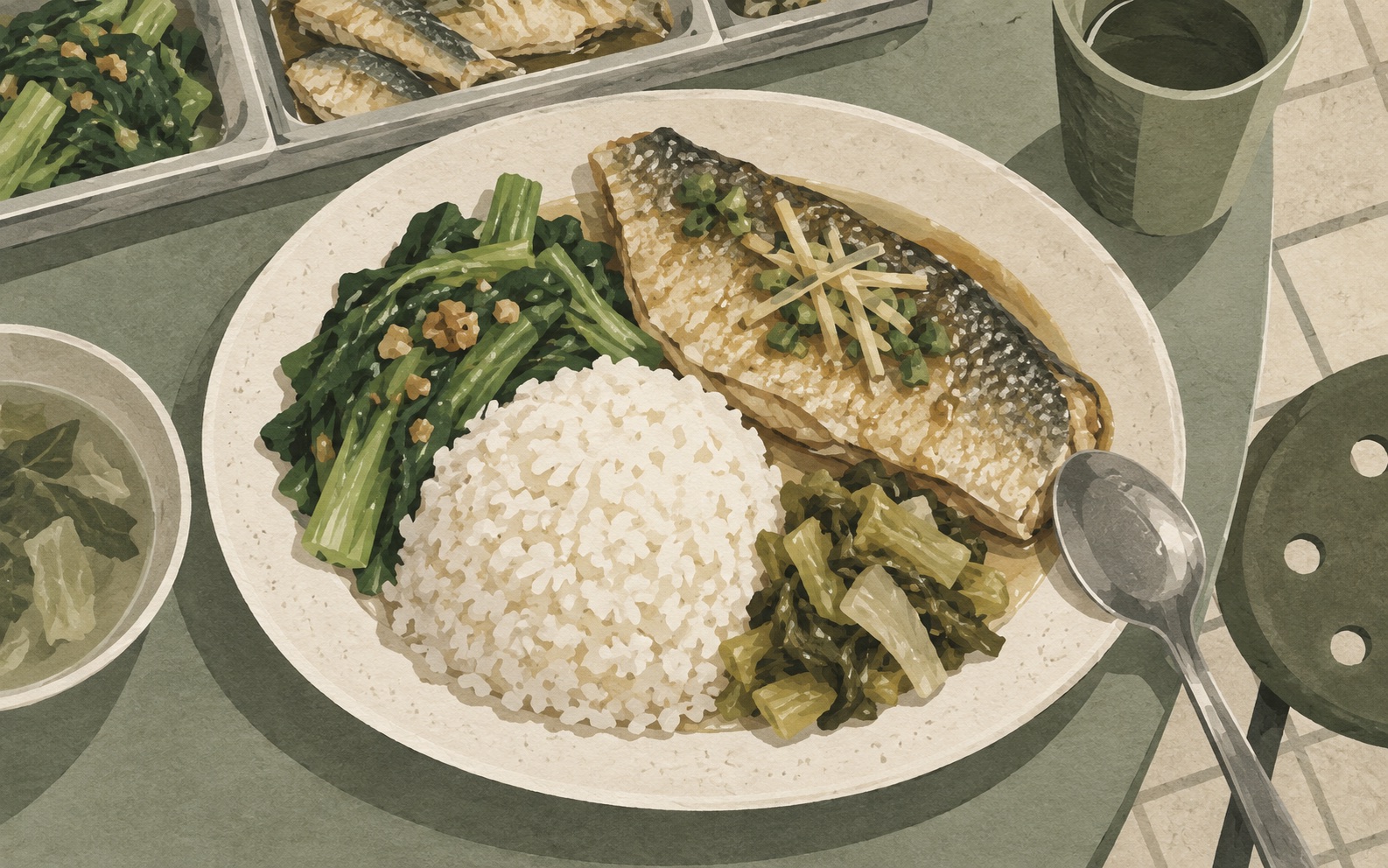 Fish, rice and vegetables at a chye png stall