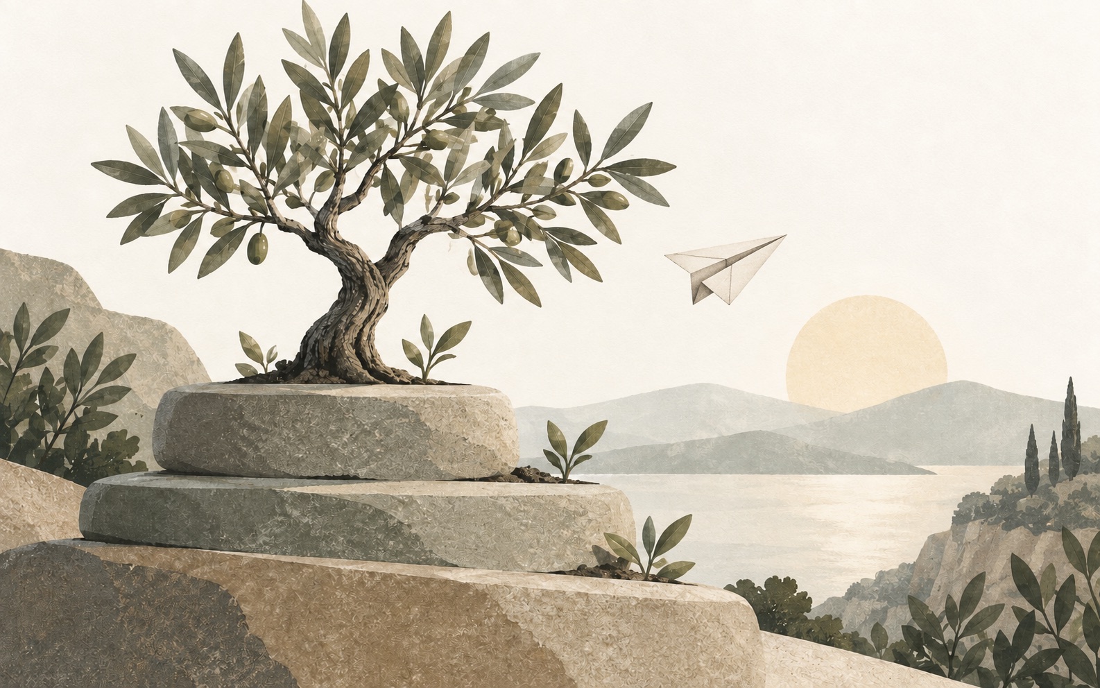 A paper plane gliding beside an olive tree on stone terraces