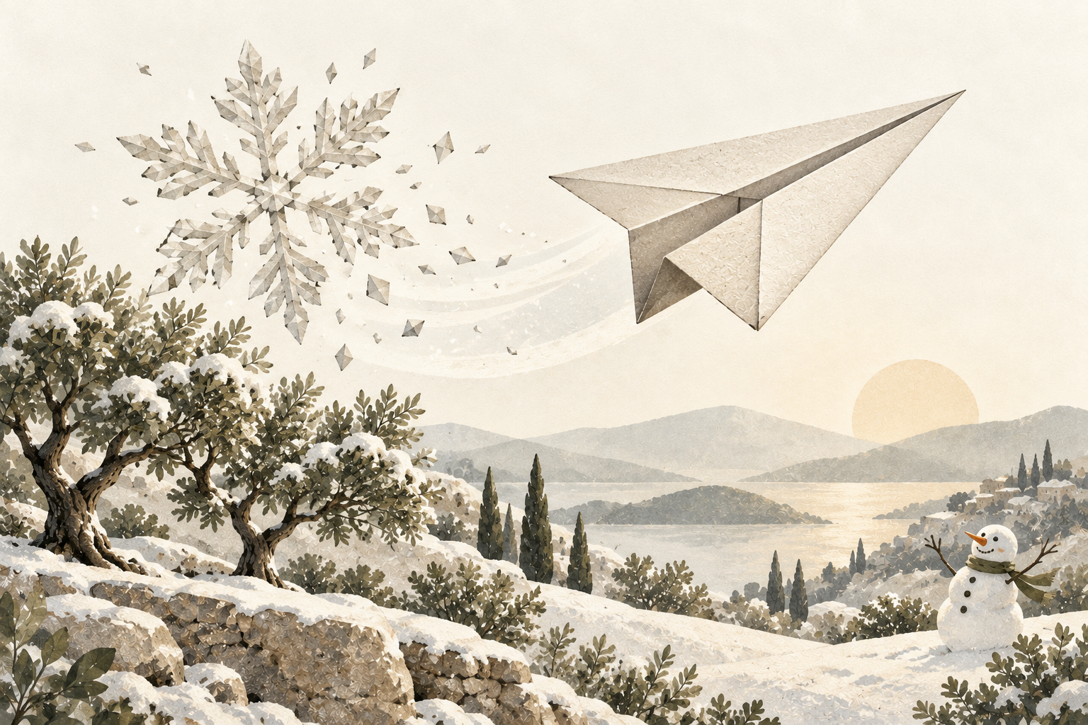 An ivory paper plane gliding past a giant snowflake, with a small snowman and olive trees in a muted winter landscape