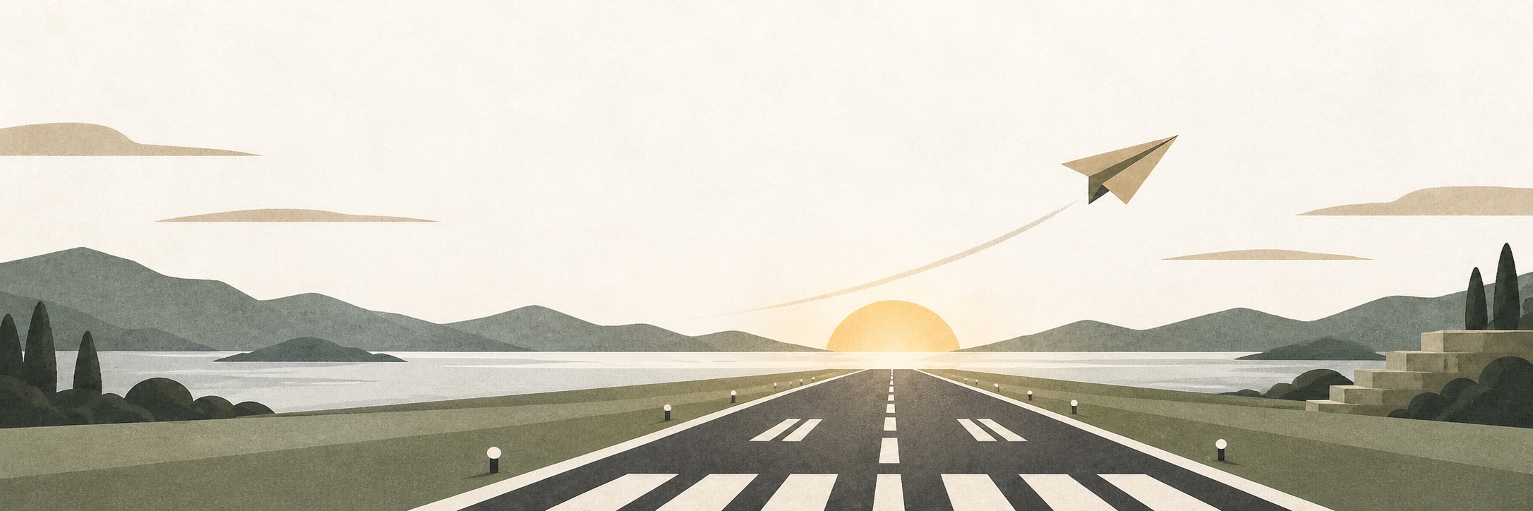 A paper plane lifting off above a runway towards the horizon