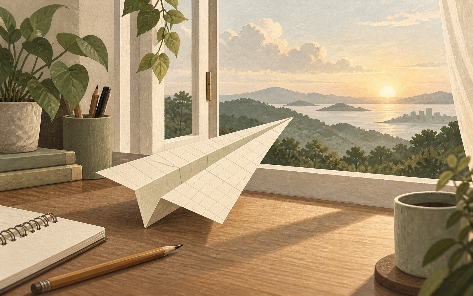 A paper plane folded from grid paper beside a sunlit window