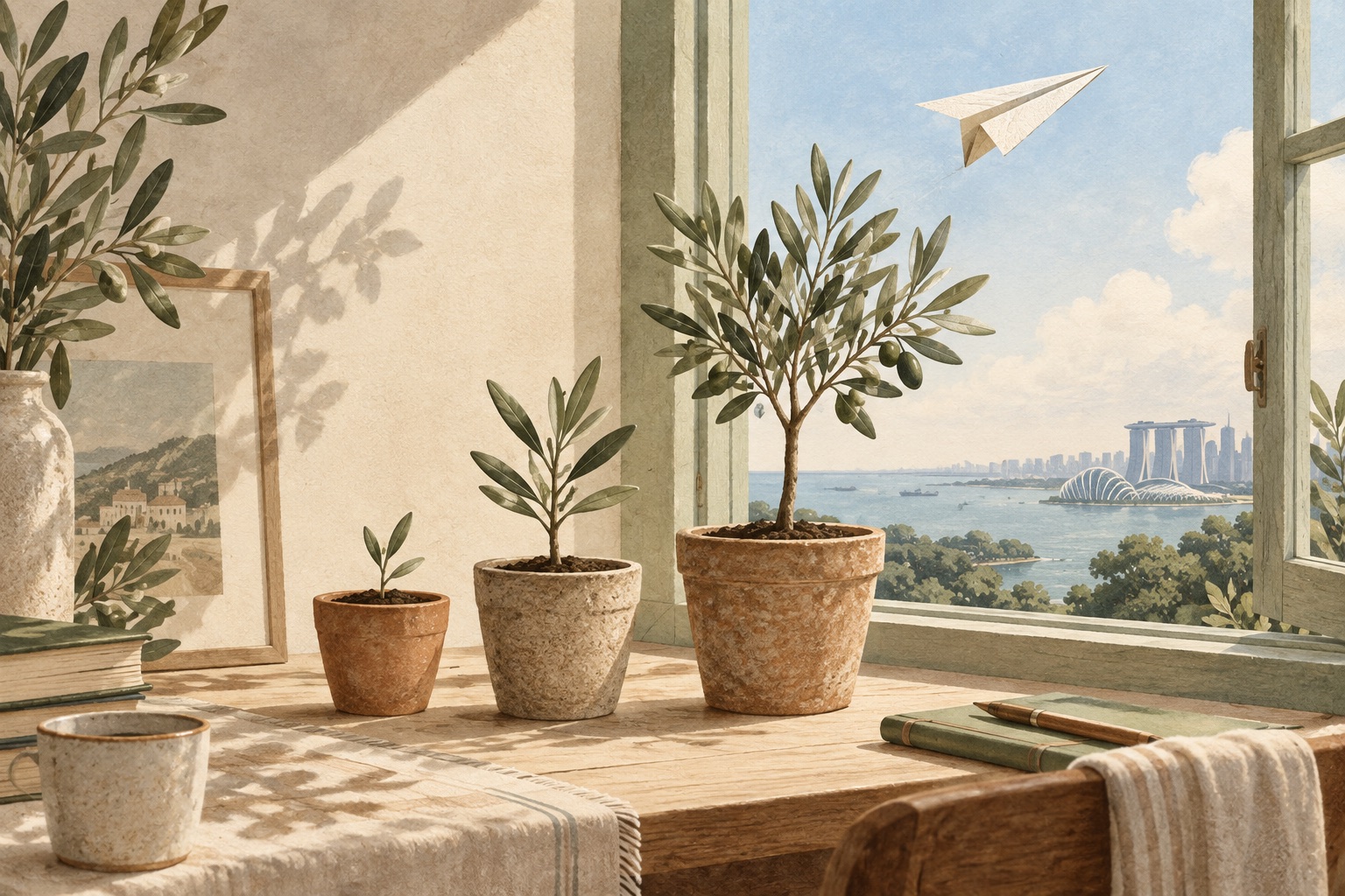 A paper plane above three growing olive plants beside a window overlooking Singapore